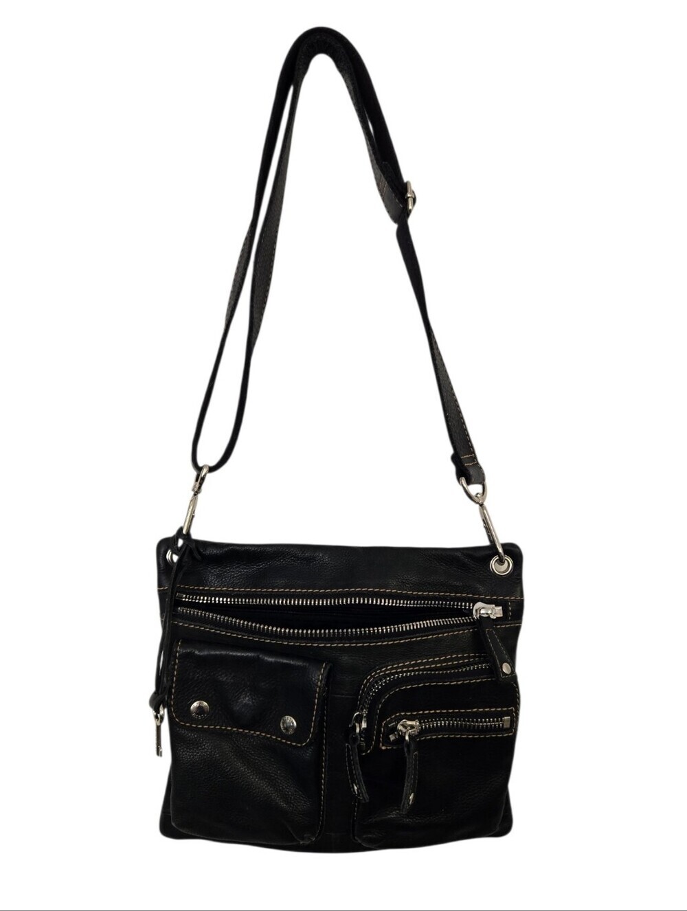 Fossil Black Genuine Leather Multi-Pocket Crossbody Organizer Bag